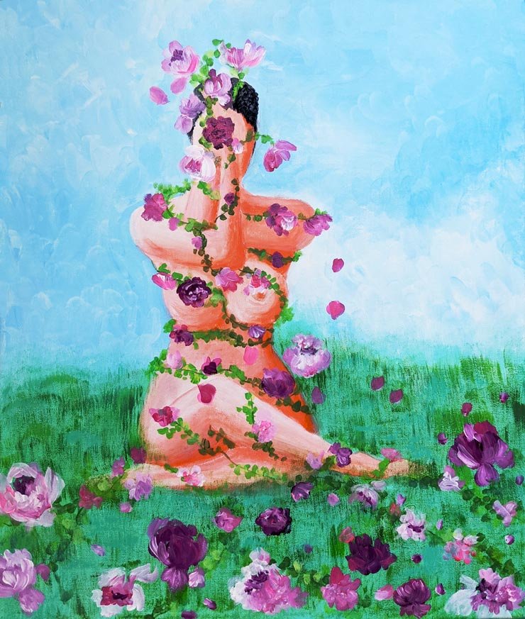 Peinture acrylique d'une femme en position yoga assise sur l'herbe avec des fleurs qui l'entourent et la recouvre 