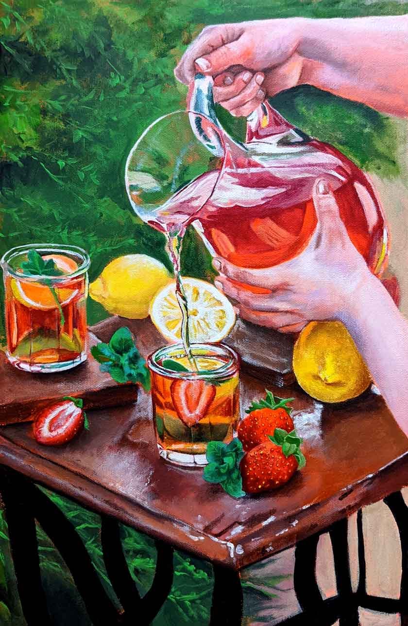 Peinture acrylique d'une scène dans un jardin. Deux mains tiennent un pichet d'eau fruitée. Sur la table deux verres, des citrons, des fraises et de la menthe. 