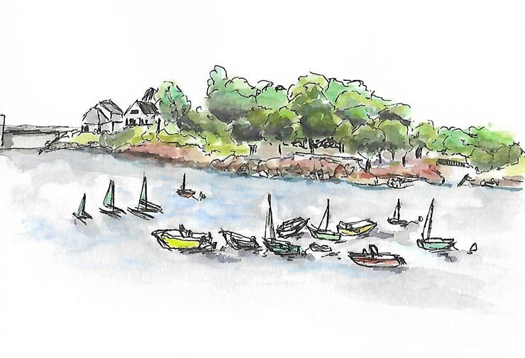 Aquarelle et encre pigmentaire vue des bateaux au port du Cabellou à Concarneau