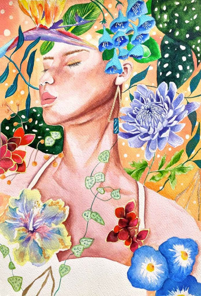 Portrait d'une femme à l'aquarelle sur fond orange, yeux fermés entourée de plantes et fleurs