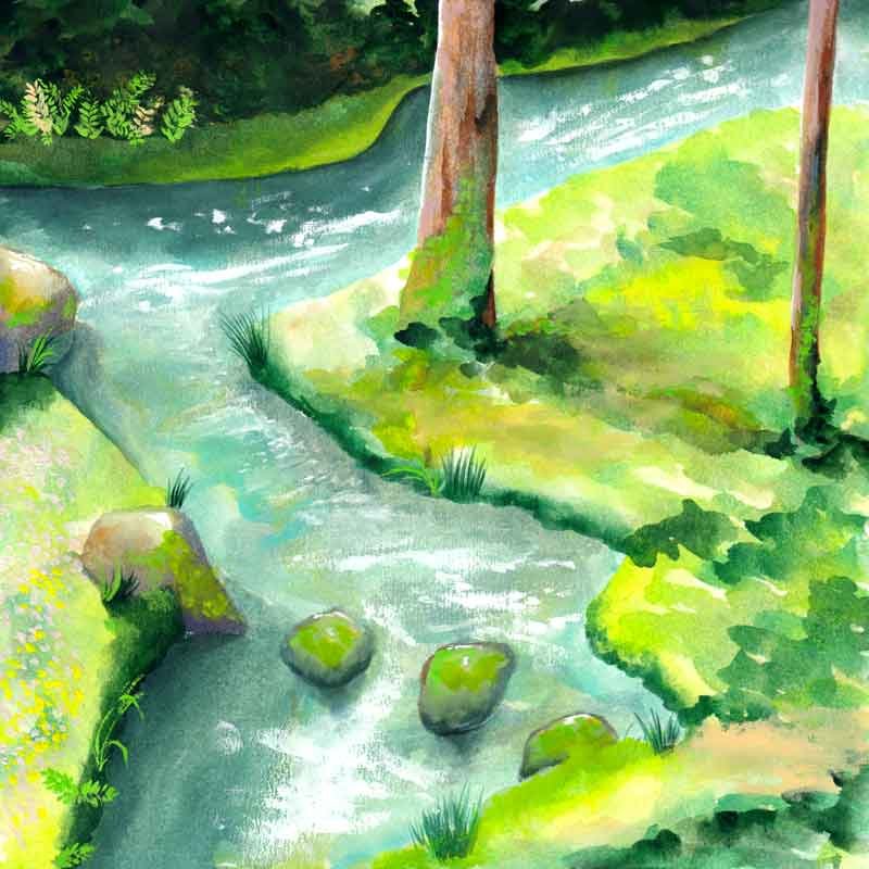 Illustration à la gouache d'une rivière dans une forêt 