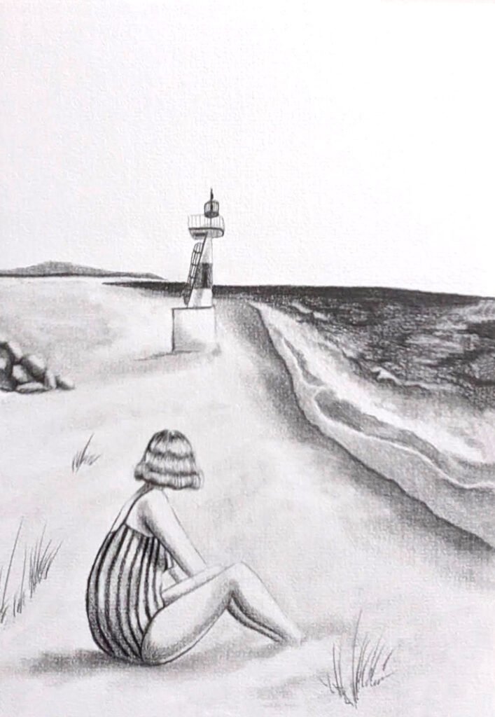 dessin au crayon de mon portfolio. Femme qui regarde l'horizon sur la plage