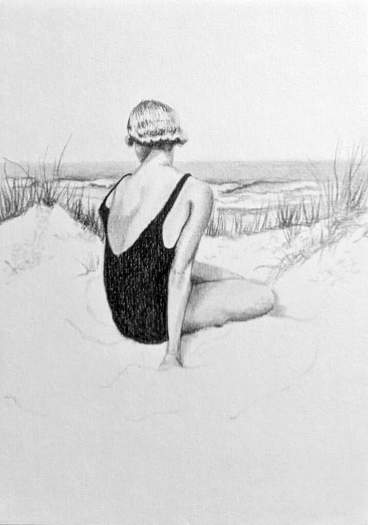 dessin au crayon de mon portfolio d'une baigneuse sur la plage