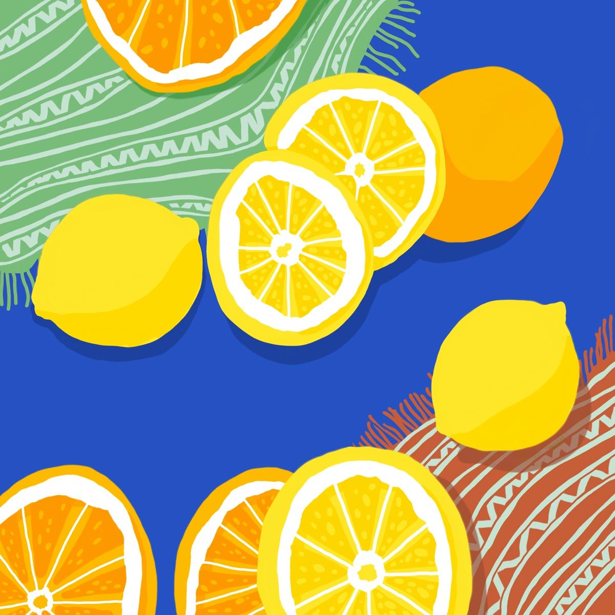 Illustration citrons et oranges sur un fond bleu et des tissus rouge et verts à motifs