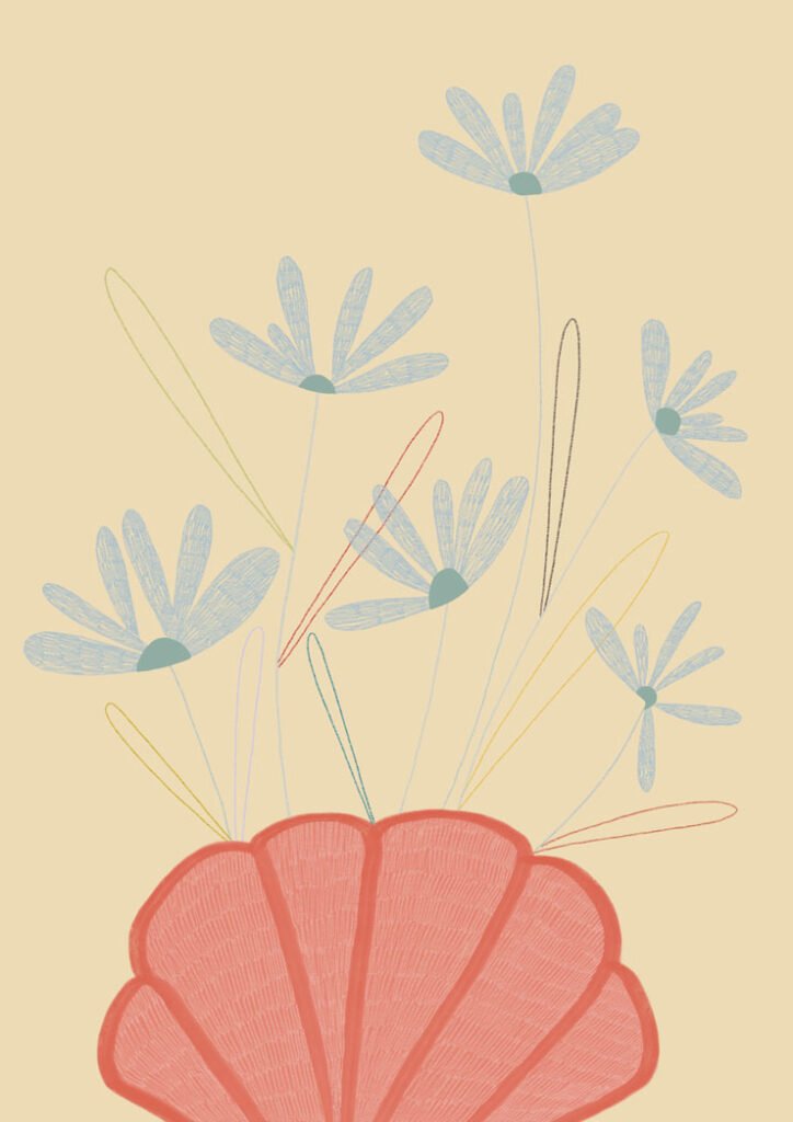 Illustration d'un bouquet de fleurs colorées dans un vase coquillage 