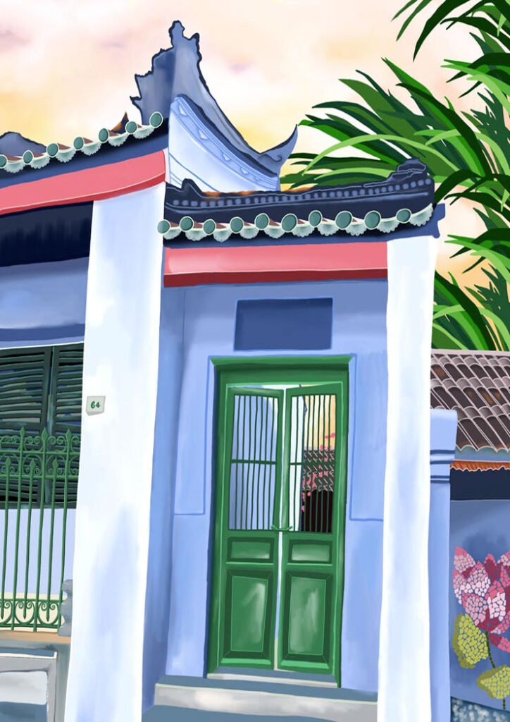 illustration d'une maison bleue au Vietnam