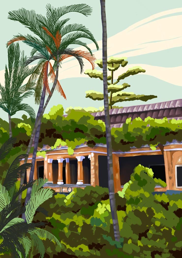 Illustration d'une maison dans la jungle au Cambodge