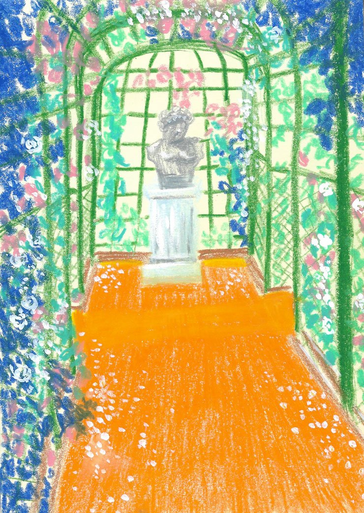 Illustration aux pastels gras représentant une arche de fleurs bleues et roses dans un jardin avec au loin un buste d'une statue