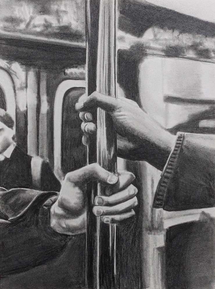 Dessin aux crayons graphites de mon portfolio représentant deux mains qui tiennent la barre dans le métro parisien