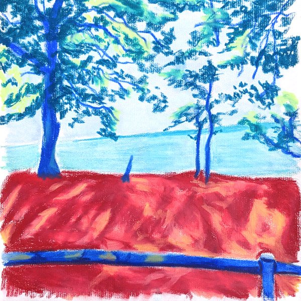 Illustration aux pastels gras représentant une vue de la mer en bord de route avec des arbres