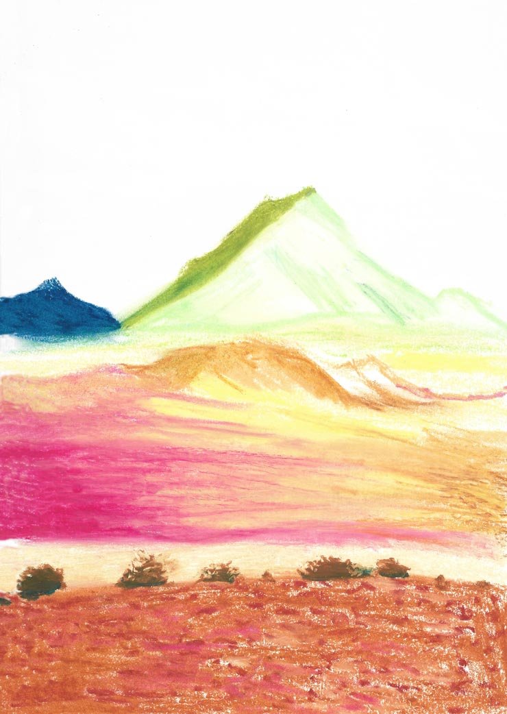 Illustration aux pastels gras représentant des montagnes de différentes couleurs