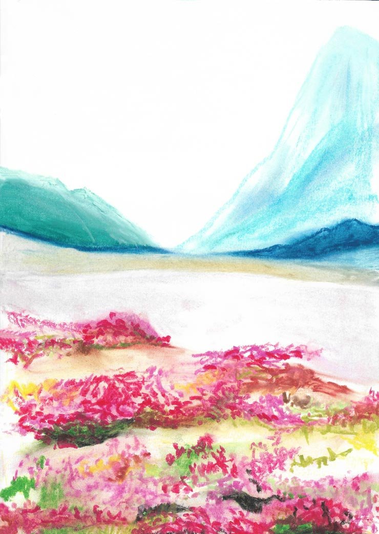 Illustration aux pastels à l'huile d'un paysage. Au premier plan un champ de fleurs fuchsia et au loin des montagnes bleues