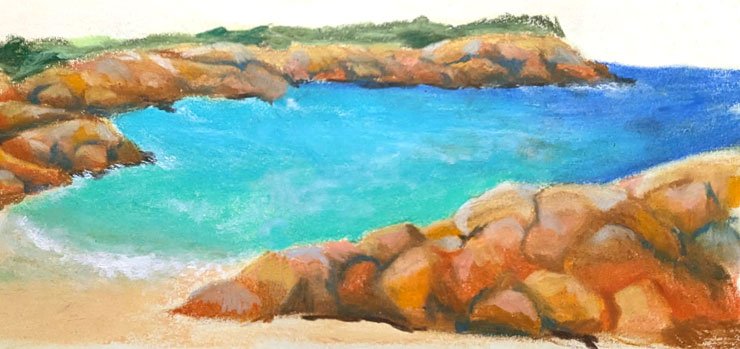 Illustration aux pastels gras représentant une crique bretonne avec ses rochers, sa plage et l'eau cristalline