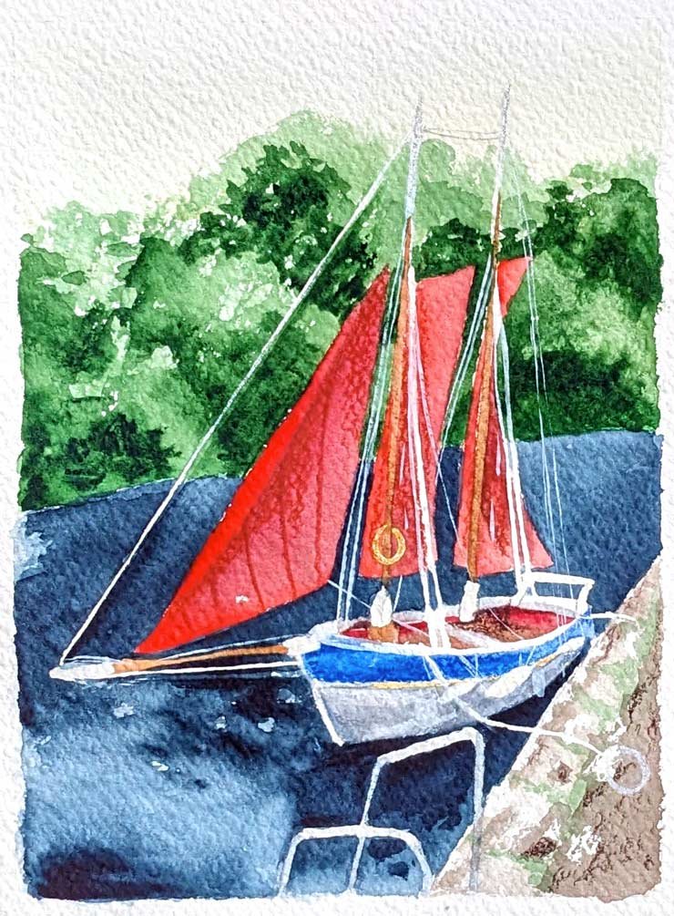 Aquarelle d'un bateau traditionnel avec ses voiles rouges amarré le long du quai à Pont-Aven