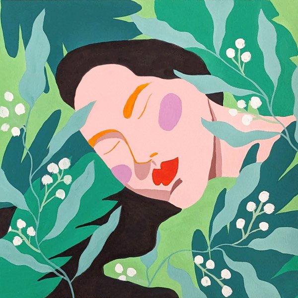 Gouache représentant le visage d'une femme endormie au milieu de plantes vertes et petites fleurs blanches