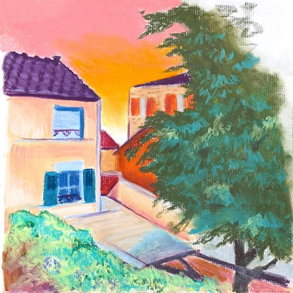 Illustration d'une cour de maison aux pastels gras à Colombes 