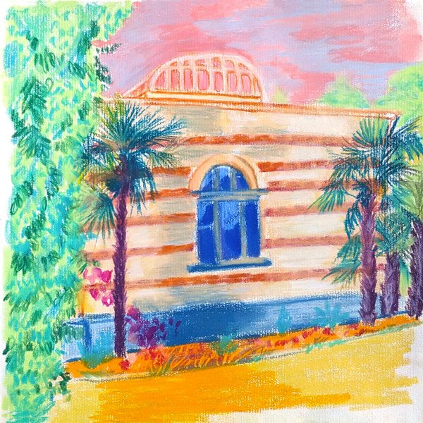 Illustration aux pastels gras représentant un bâtiment du jardin d'agronomie tropical de Paris