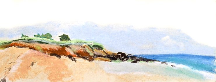 Illustration aux pastels gras sur la plage avec au loin la falaise 